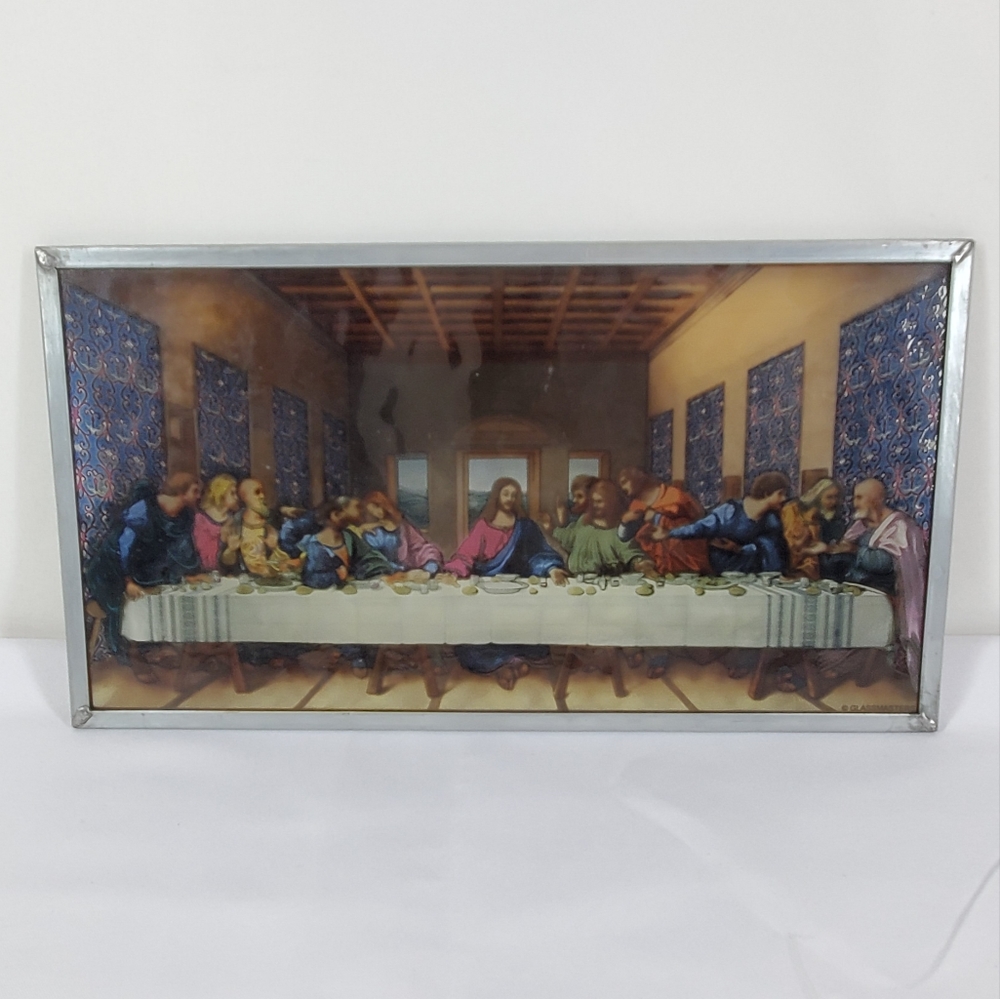 Vtg Stained Glass Art The Last Supper Leonardo Da Vinci Forest Lawn 16x9" Window